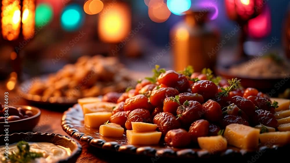 Delicious Festive Food Platter: Dates, Cheese, and More - Warm, Inviting Atmosphere Delicious Festive Food Platter: Dates, Cheese, and More - Warm, Inviting Atmosphere