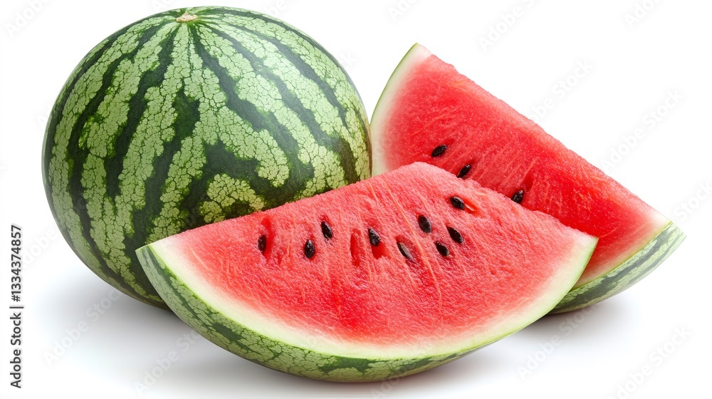 Ripe watermelon showing its red inside on white background Ripe watermelon showing its red inside on white background