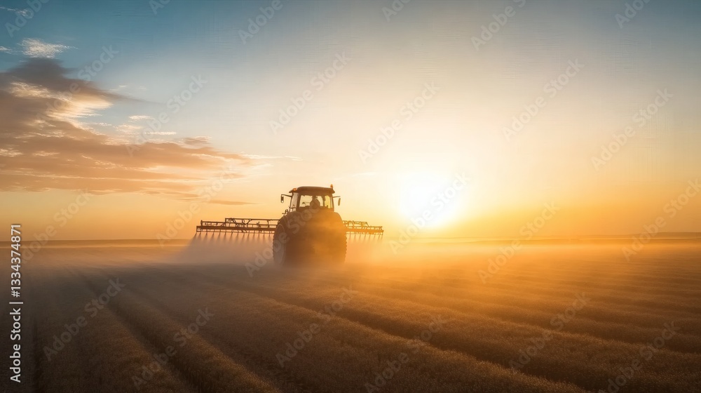 Fototapeta premium A tractor plows a field at dawn under bright sunlight