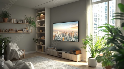Modern living room with cityscape view on a large TV. Stylish decor, cozy rug, and a touch of greenery create a relaxing atmosphere