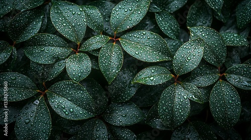 Dark green leaves are covered with shiny water droplets