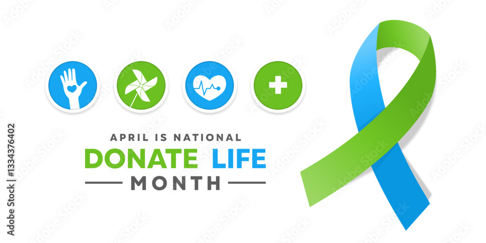 April is Donate Life Month. Hand, heart, windmill, heartbeat, plus icon and ribbon. Great for posters, banner, social media and more. White background. April is Donate Life Month. Hand, heart, windmill, heartbeat, plus icon and ribbon. Great for posters, banner, social media and more. White background.