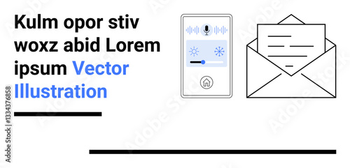 Smart control device with microphone and temperature icons next to an open envelope symbolizing communication. Ideal for technology, email, messaging, automation, connectivity, modern communication