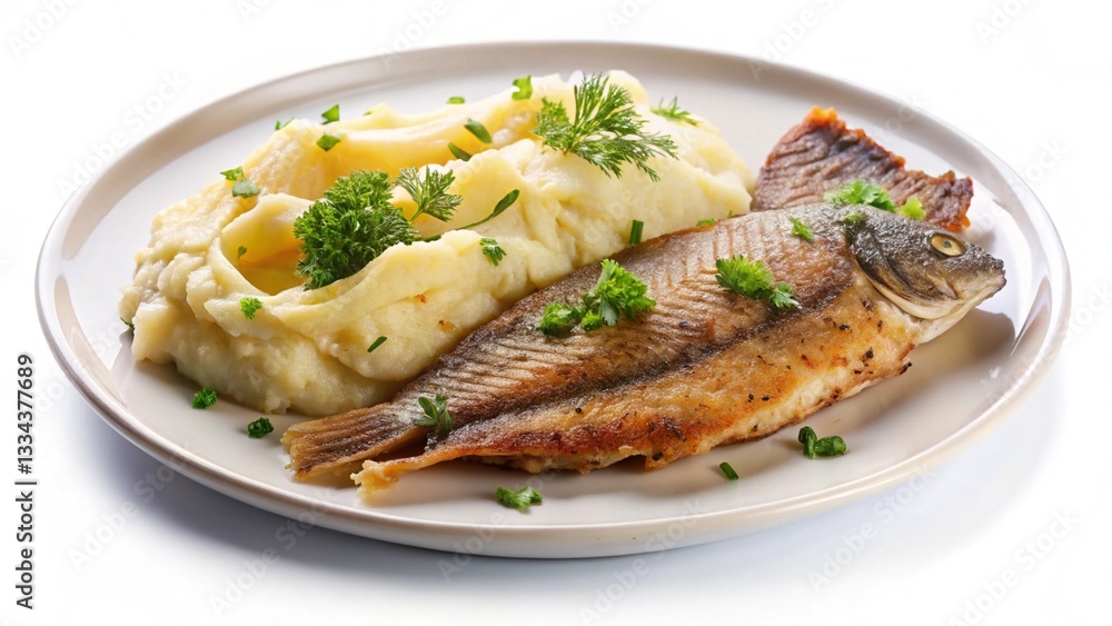 Fried fish mashed potatoes isolated on white background Fried fish mashed potatoes isolated on white background