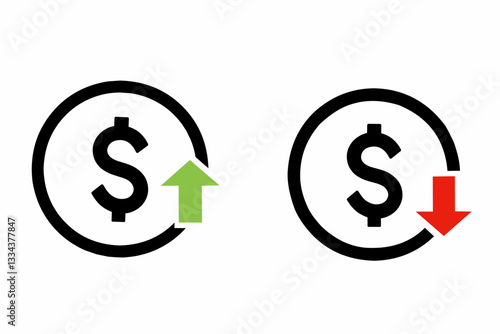Cost reduction icon. cost increase. Dollar down icon vector. Dollar up icon. Letter icon symbol vector. Dollar up down vector.