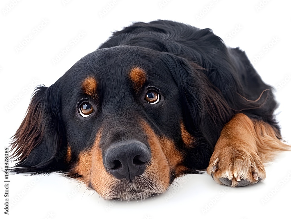 A beautiful black and tan dog lies down on a white background looking sadly at the camera with big expressive eyes. A beautiful black and tan dog lies down on a white background looking sadly at the camera with big expressive eyes.