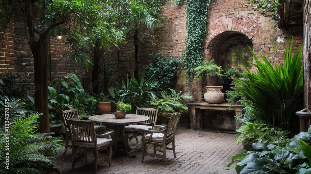 Obraz premium Courtyard garden, brick walls, lush plants, table, relaxation