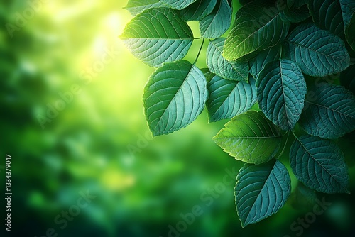 Close up of green leaves with light blurred background and details