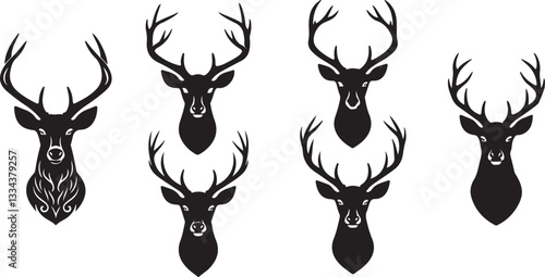 Head of deer silhouettes vector. Deer antlers vector set. Silhouette of the horns of a wild elk, roe deer on a white background. Hand drawn silhouettes of hunting trophies.

