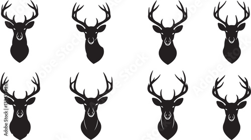 Head of deer silhouettes vector. Deer antlers vector set. Silhouette of the horns of a wild elk, roe deer on a white background. Hand drawn silhouettes of hunting trophies.