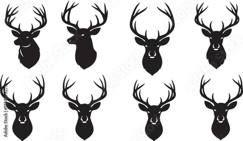 Head of deer silhouettes vector. Deer antlers vector set. Silhouette of the horns of a wild elk, roe deer on a white background. Hand drawn silhouettes of hunting trophies.