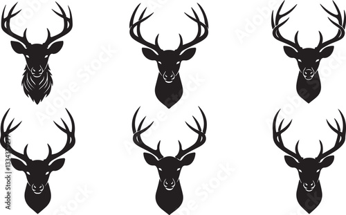 Head of deer silhouettes vector. Deer antlers vector set. Silhouette of the horns of a wild elk, roe deer on a white background. Hand drawn silhouettes of hunting trophies.