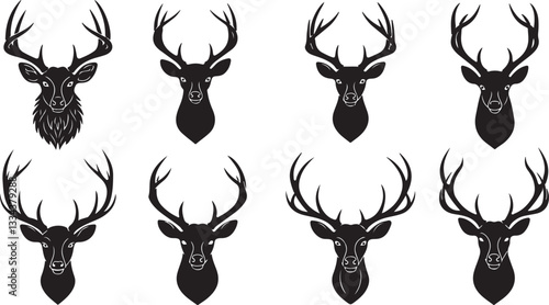 Head of deer silhouettes vector. Deer antlers vector set. Silhouette of the horns of a wild elk, roe deer on a white background. Hand drawn silhouettes of hunting trophies.