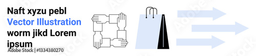 Interconnected hands symbolize collaboration, shopping bags represent retail, and arrows depict progress and direction. Ideal for teamwork, commerce, growth, e-commerce, marketing, branding
