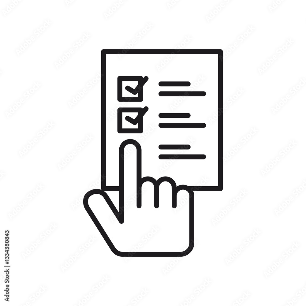 icon Hand pointing at a checklist, symbolizing organization, planning, completion. Suitable for project management, goal setting, evaluating progress in presentations. icon Hand pointing at a checklist, symbolizing organization, planning, completion. Suitable for project management, goal setting, evaluating progress in presentations.