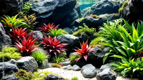 Vibrant Underwater Garden: Aquascaping with Colorful Plants and Rocks