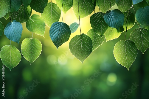 Green leaves hanging from tree branches with sunlight shining through them