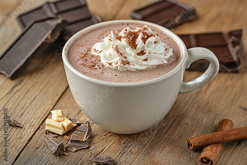 steaming hot chocolate with whipped cream and cinnamon in a rustic ceramic mug