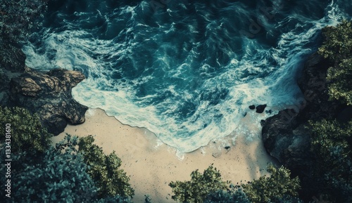 Coastal paradise, waves crashing on sandy shore. Lush vegetation flanks the rocky outcrop