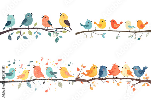 Colorful Birds Singing on Branches with Musical Notes isolated with Transparent Background