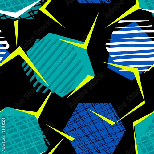 Abstract seamless pattern with urban geometric elements, scuffed, drops, spots. Sport neon texture background. Football and soccer ball  wallpaper.