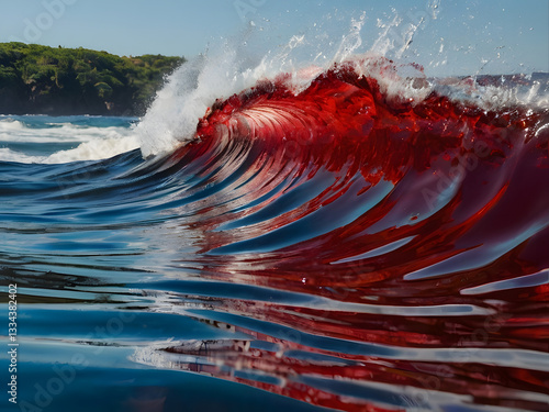 Crimson Wave: A breathtaking ocean wave, seemingly imbued with crimson hues, crests and crashes with dramatic intensity against the backdrop of a tranquil coastline.