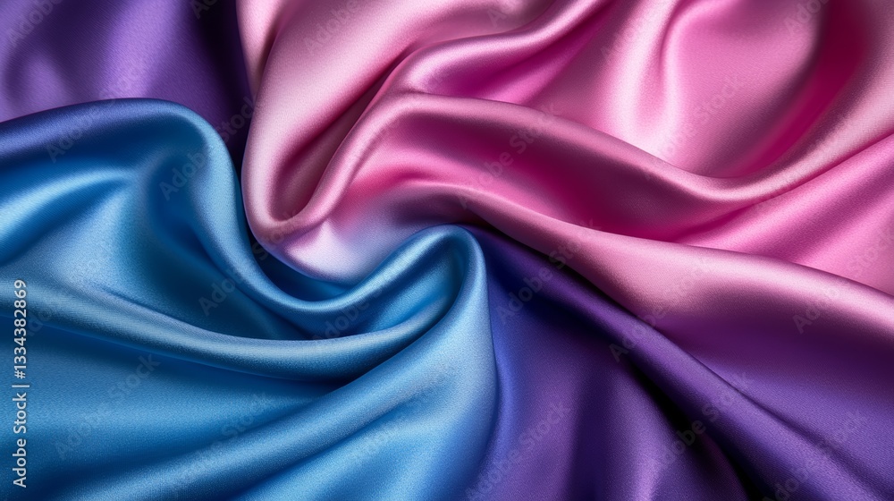 Obraz premium Abstract flowing silk fabric background with a soft interplay of blue, pink, and purple hues in dynamic motion, creating depth and visual interest