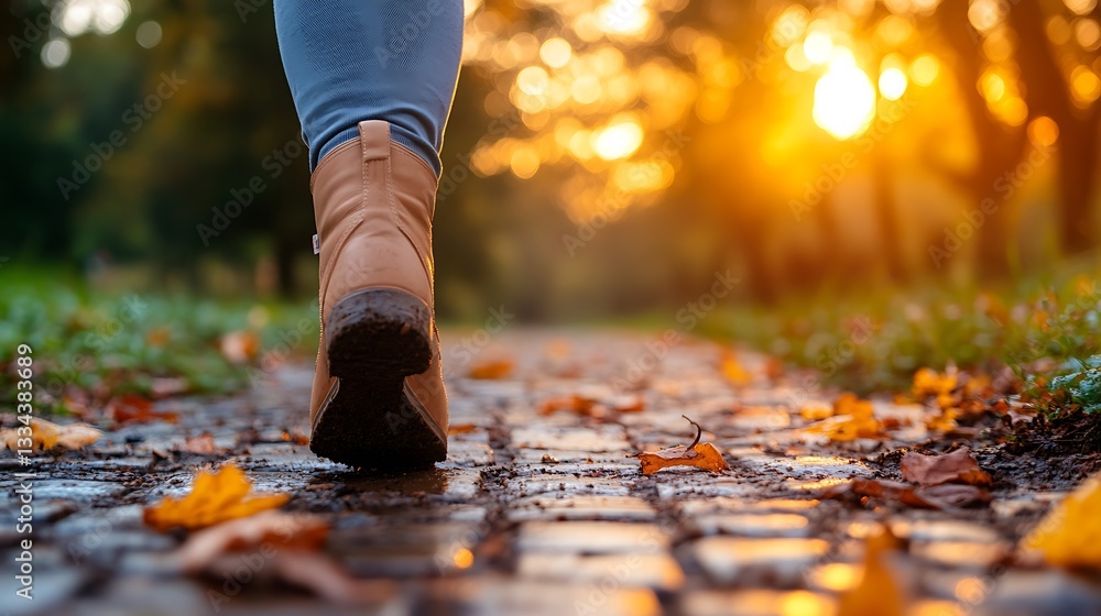 Woman walking on autumn path at sunset. Woman walking on autumn path at sunset.