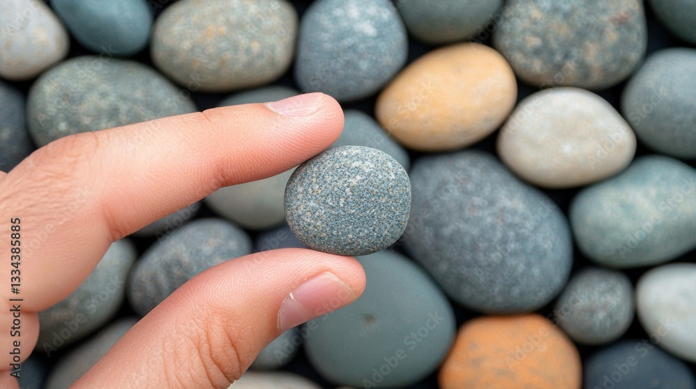 A hand holds a small blue and white pebble in front of a pile of pebbles. A hand holds a small blue and white pebble in front of a pile of pebbles.