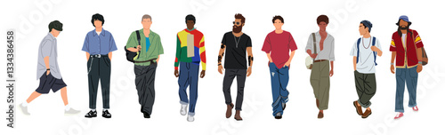 Street fashion men vector illustration. Different men wearing trendy modern street style summer outfit standing and walking. Cartoon style vector realistic illustration isolated on white background