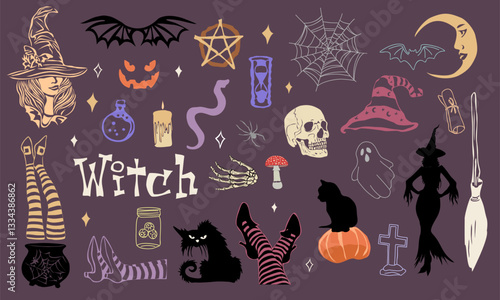 Witchcraft set - mystical items for wizardry, enchantment, astrology and clairvoyance hand drawn colorful sketch on dark background. Vector art illustrations - witches legs, hat, poison, snake, cat.