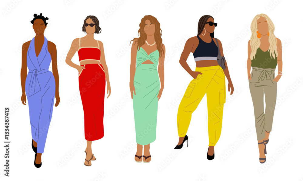 Obraz premium Set of different Modern women. Vector realistic illustration of diverse multiracial standing cartoon girls in summer street fashion casual outfits. Isolated on white background.