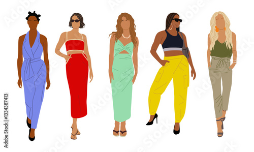 Set of different Modern women. Vector realistic illustration of diverse multiracial standing cartoon girls in summer street fashion casual outfits. Isolated on white background.