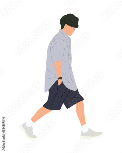 Stylish young man wearing modern Summer Street fashion outfit walking side view.. Handsome guy  vector realistic illustration isolated on white background.