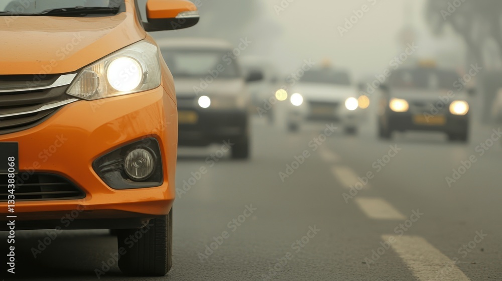 PM2.5 Air Pollution Concept, Traffic Jams in a Polluted City with Headlights Illuminating the Smoggy Environment PM2.5 Air Pollution Concept, Traffic Jams in a Polluted City with Headlights Illuminating the Smoggy Environment