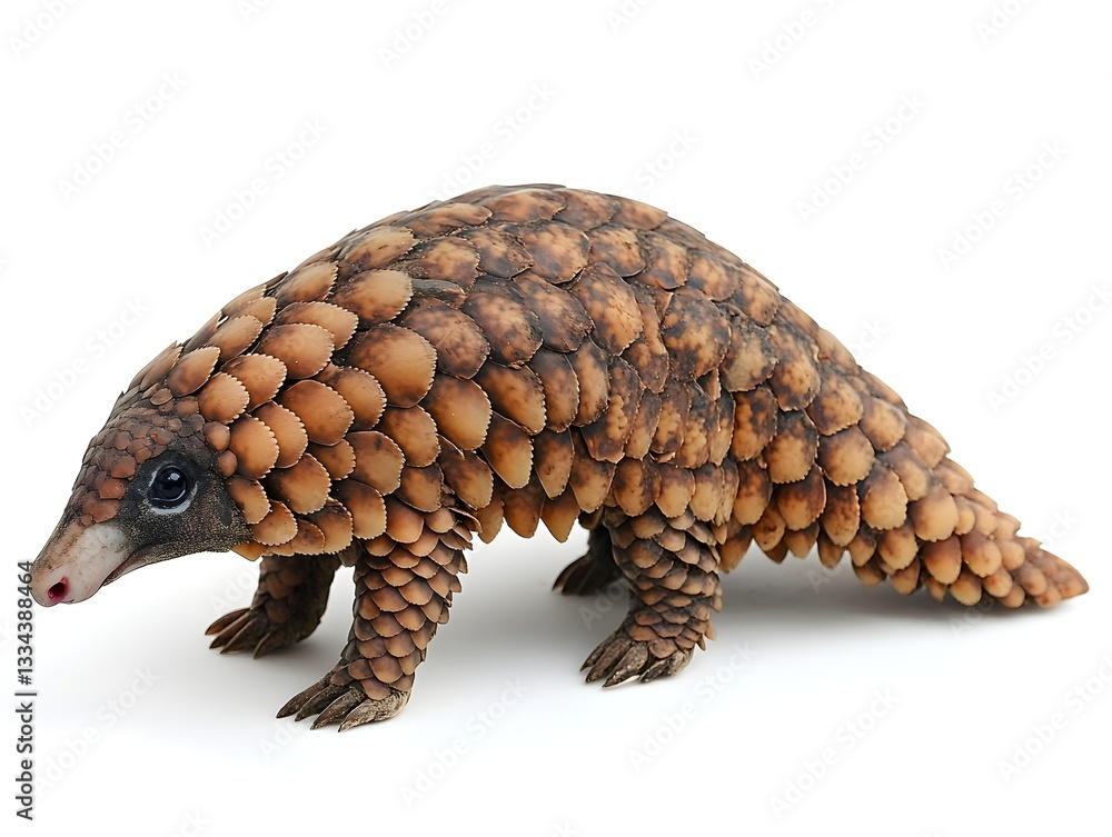 Fototapeta premium A detailed studio shot of a Sunda pangolin displays its unique scale armor against a pure white background.
