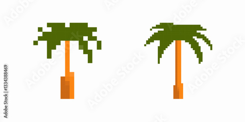 Two pixel art palm trees with simple brown trunks and green leaves, inspired by classic video games.