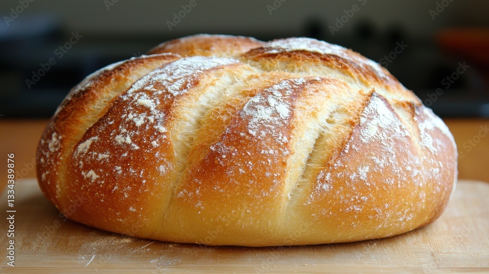 Loaf of bread with a golden crust and white powder on top. Loaf of bread with a golden crust and white powder on top.