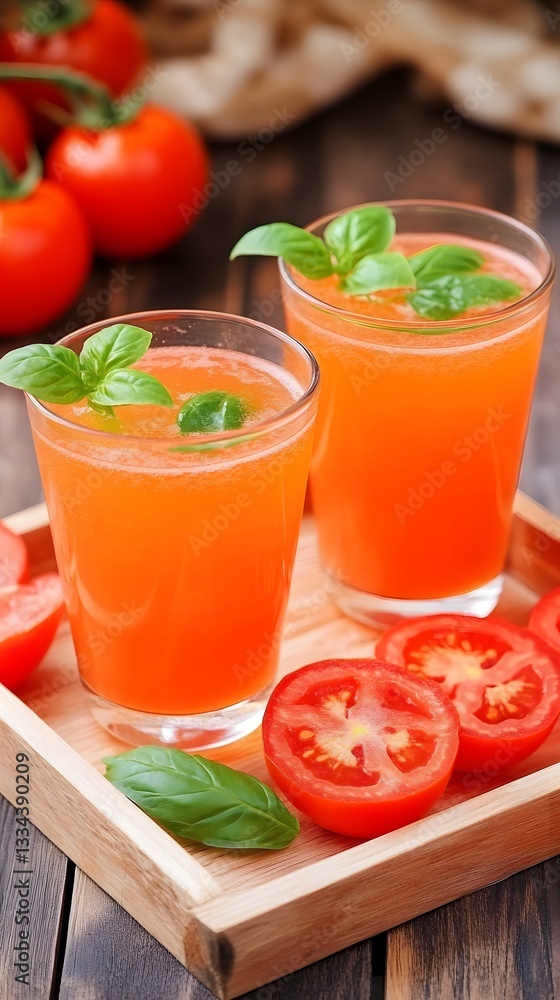Refreshing Homemade Tomato Juice with Basil Garnish Refreshing Homemade Tomato Juice with Basil Garnish