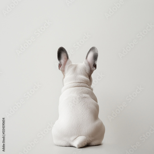 cute french bulldog sitting showing back, wagging tail, simple minimal. white background