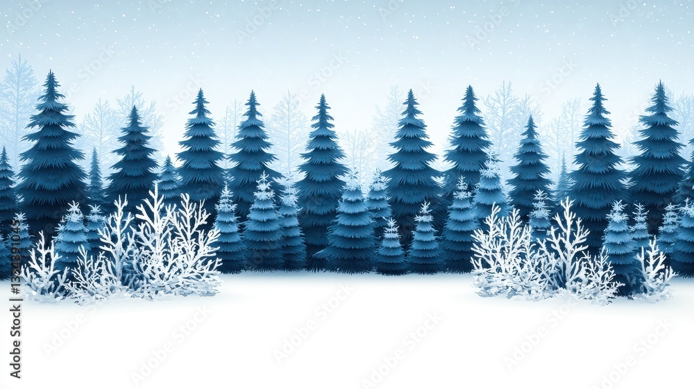 Obraz premium A serene winter scene featuring snow-covered evergreen trees and frosty shrubs in a tranquil, bluish landscape.