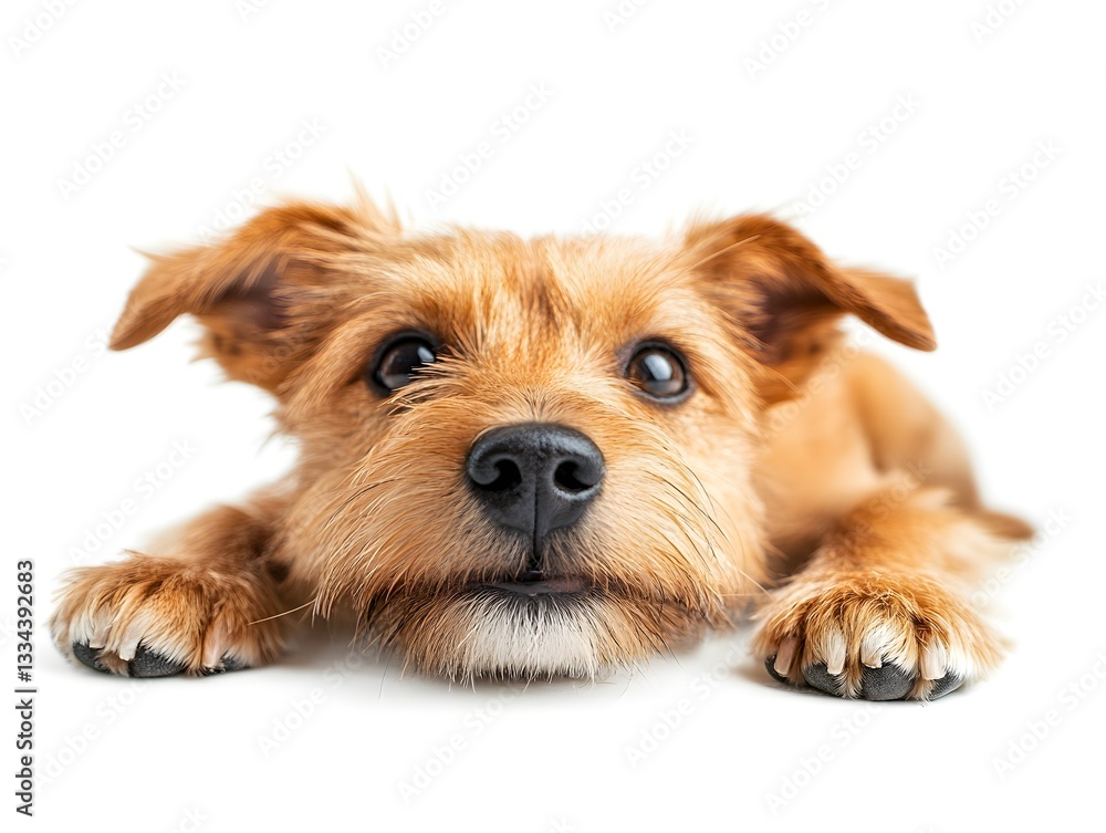 An adorable small brown puppy lies down looking up with big curious eyes against a white background. An adorable small brown puppy lies down looking up with big curious eyes against a white background.