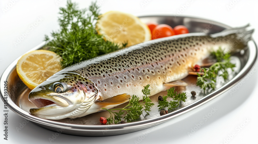 freshly catch trout fish on a stainless plate, white background freshly catch trout fish on a stainless plate, white background