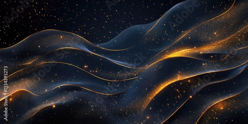 Waves of golden light undulating across a dark cosmic background filled with stars