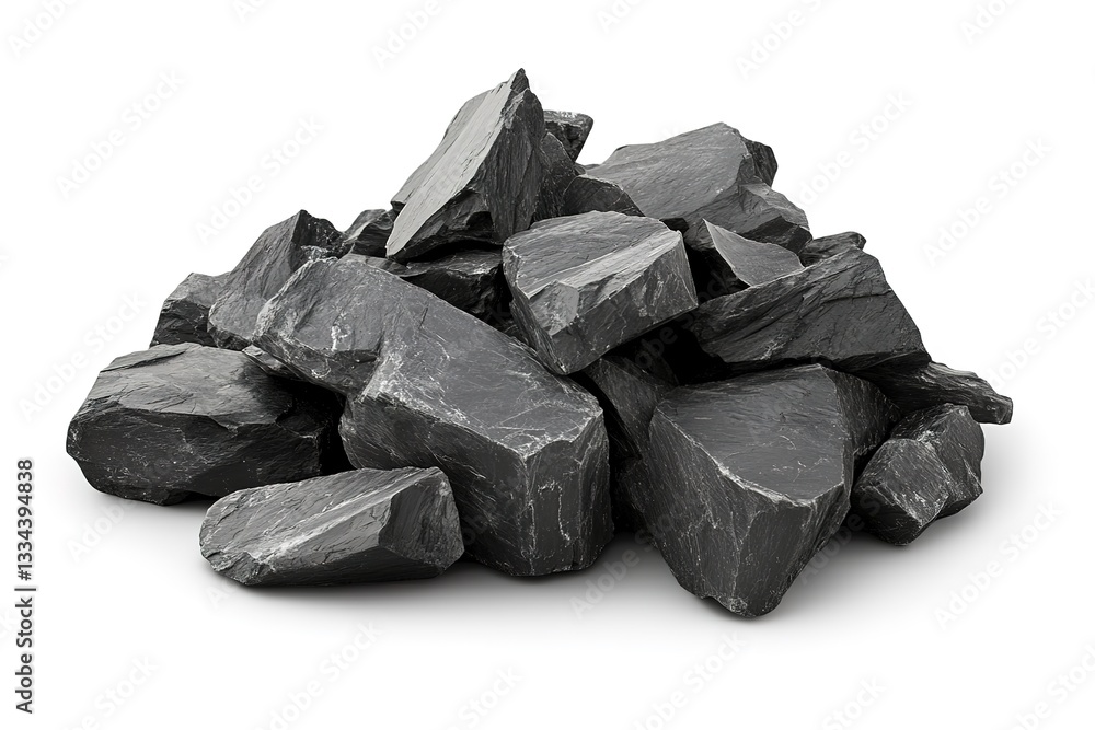 Realistic 3D Render of Dark Grey Rough Stone Pile, Isolated on White Background Realistic 3D Render of Dark Grey Rough Stone Pile, Isolated on White Background