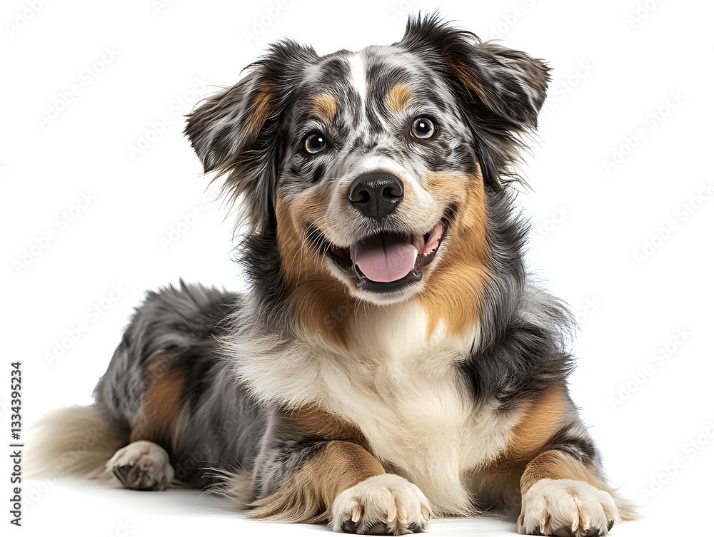 A happy Australian Shepherd dog lies down and smiles sweetly for the camera against a pure white background. A happy Australian Shepherd dog lies down and smiles sweetly for the camera against a pure white background.