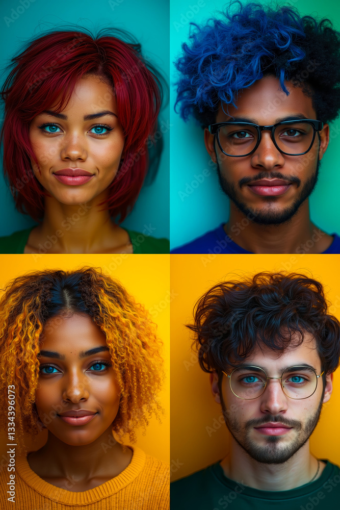 Fototapeta premium A group of four people with different colored hair and glasses
