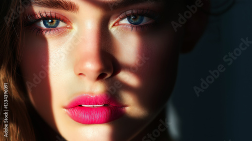 Wallpaper Mural A model with bright pink lips, half-shadowed face, exuding elegance and mystery in dramatic lighting Torontodigital.ca