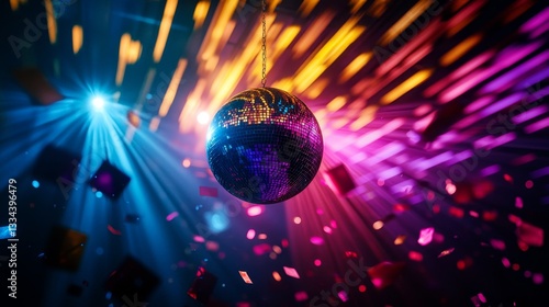 Neon-lit nightclub scene, suspended mirror ball with dynamic rainbow light beams, ultra-modern architecture, abstract digital elements floating around, vivid colors