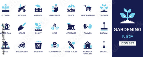 Gardening icon set collection. Flower, moving, garden, gardener, space, handbarrow, grower, water can, scoop, plant, leaf and best solid icon set.